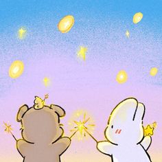 two teddy bears playing with each other in front of a sky full of gold coins