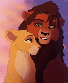 the lion and cub are hugging each other