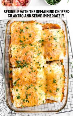 a casserole dish with meat, cheese and vegetables on a wire cooling rack