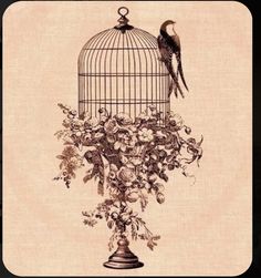 a bird is sitting on top of a cage with flowers and birds in it,