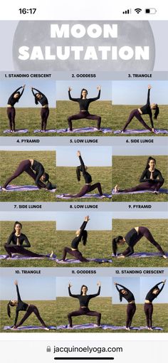 a woman doing yoga poses with the moon in the background