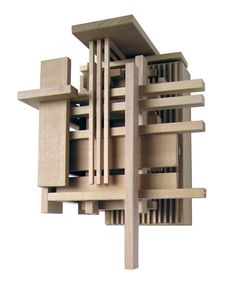 an architectural model of a building made out of wood