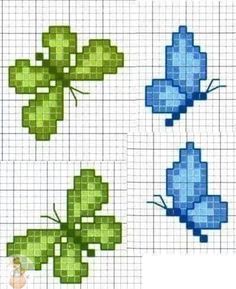 four cross stitch butterfly designs in blue and green