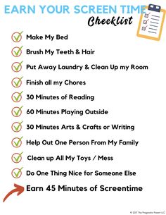 a checklist with the words learn your screen time checklist