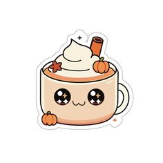 a sticker with an image of a mug filled with whipped cream and pumpkins