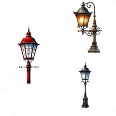 three different street lamps with one light on the top and one on the bottom, all lit up