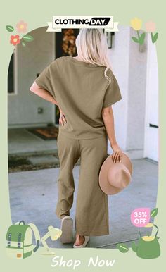 Short Sleeve Top and Pants Set Casual Relaxed Fit Cotton Pant Set, Chic Solid Color Spring Pant Set, Casual Ankle-length Pants Sets For Work, Solid Matching Pant Set For Spring, Chic Sets With Solid Color Long Pants, Chic Solid Color Sets With Long Pants, Spring Solid Color Matching Pant Set, Solid Color Pant Set For Fall Loungewear, Casual Cotton Pant Set