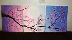 three paintings of pink and blue flowers against a purple sky with the moon in the background