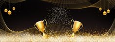 two golden cups are in front of a black background with gold bubbles and confetti