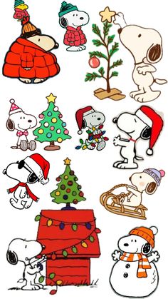 snoopy christmas stickers are arranged on a white background