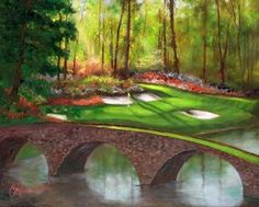 a painting of a bridge and golf course in the woods