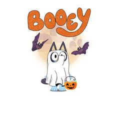 a cartoon ghost holding a pumpkin with bats in the background and boozy written above it