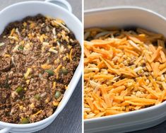 two pictures side by side one has cheese and the other has ground beef in it