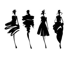 three silhouettes of dresses on mannequins