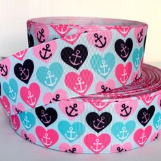 pink, blue and black hearts and anchors on white grosch ribbon for dog collars