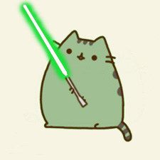 a cat with a green light saber in its mouth