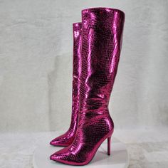 Fuchsia Metallic Festive Pointy Toe With Inseam Side Zipper Snake Skin Textured 4 Inch Stiletto Heel Brand New In Box. Purple Heeled Boots For Fall Party, Purple Knee-high Party Boots, Pink Heeled Party Boots, Pink Fitted Heeled Boots For Party, Fitted Pink Heeled Boots For Party, Trendy Pink Heeled Boots For Night Out, Purple Heeled Boots For Winter Party, Trendy Pink Heeled Boots For Party, Pink Heels For Formal Winter Occasions