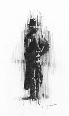 a black and white drawing of a man with a cowboy hat, standing in the rain