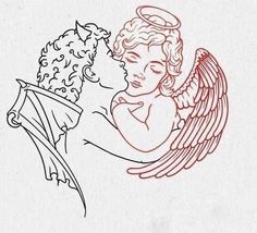 a drawing of an angel kissing a demon