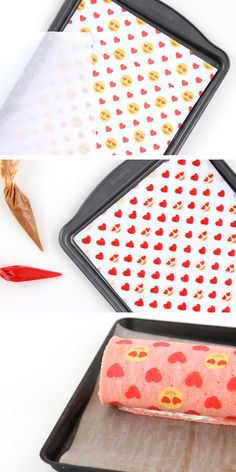 an image of baking trays with hearts on them and rolling dough in the middle