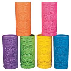 six different colored plastic cups with faces on each one and the other in various colors