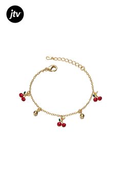 Dress up your young one with our 14k Gold Plated Adjustable Bracelet featuring adorable cherry charms. This charming accessory, complete with a secure lobster clasp and adjustable chain, ensures a comfortable fit for kids. The bracelet is adorned with three vibrant red enamel cherry charms, interspersed with two dainty 14k gold plated round balls, adding a touch of whimsy and elegance to any outfit.  Measurement 5+1 inch Cherry Bracelet, Charms Bracelet, Red Cherry, Adjustable Bracelet, Vibrant Red, Lobster Clasp, 1 Inch, Gold Plate, Cherry