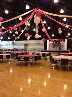 an empty banquet hall with tables and chairs