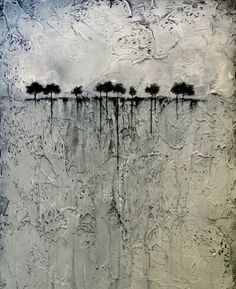 an abstract painting with trees in the middle and white paint on it's walls