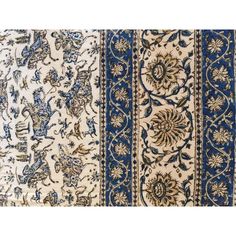 three rugs with blue and white designs on the bottom, one in different colors