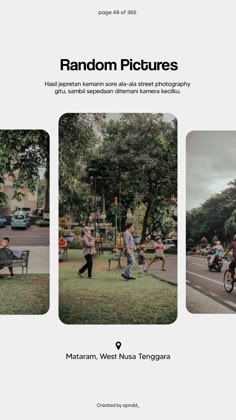 the cover of random pictures shows people walking and riding bikes in front of a park