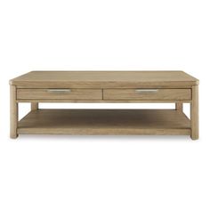 an oak coffee table with two drawers on the bottom and one drawer at the top