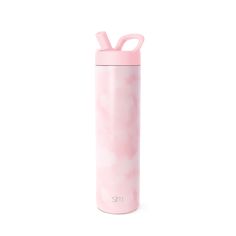 thermos bottle is pink and has two handles on one side, while the other end