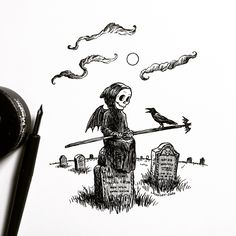 a drawing of a skeleton sitting on top of a grave with a crow flying over it