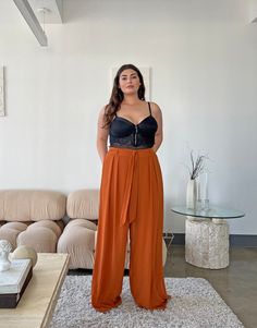 Curve Wide Leg Chiffon Pants Plus Size Bottoms Rust 1XL -2020AVE Plus Size European Travel Outfits, Wide Legged Pants Outfit Plus Size, Slacks Outfit Plus Size, French Outfit Plus Size, Plus Size Flowy Pants, Mid Size Pants, Plus Size Fashion Inspiration, Casual Outfits Plus Size Women, Plus Size Wedding Guest Outfit Pants