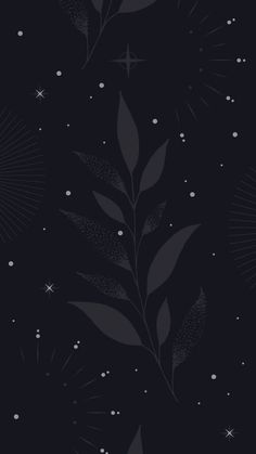 black and white wallpaper with stars, leaves and sparkles in the night sky