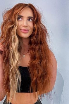 Auburn Hair On Brunettes, Copper With Blonde Color Block, Side Part Color Block Hair, Long Copper Hair Balayage, Red Block Coloring Hair, Beachy Red Hair, Copper Hair 2023, Peachy Copper Hair, 2023 Hair Color For Women