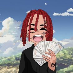 a person with red hair and dreadlocks holding money in front of their face