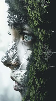 a woman's face with trees and snow on her face, as if in the forest