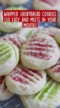 a pile of shortbread cookies sitting on top of a cooling rack with the words whipped shortbread cookies so easy and melts in your mouth