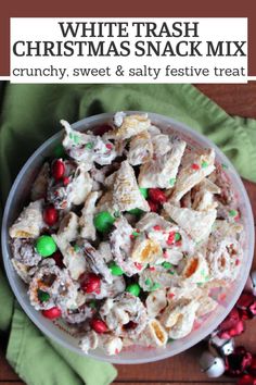 If you like sweet and salty snacks, this is for you. White trash christmas mix includes white chocolate candy coating, bugles, pretzels, candies and more in a festive and fun package. It is perfect for snacking, gifting, or move a Christmas movie marathon. Chex Mix Recipes Christmas, Chex Party Mix, Holiday Desserts Christmas, Christmas Candies, Muddy Buddies, Christmas Candy Recipes