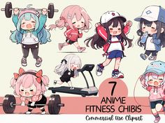 anime fitness chibs with different poses and expressions