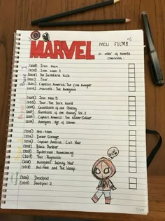 a notepad with the words'marvel'written on it and a pencil next to it