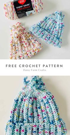 three crocheted hats with text that says free crochet pattern day farm crafts