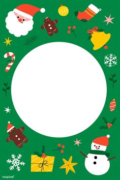 a green christmas card with santa claus, snowman and other holiday items around it