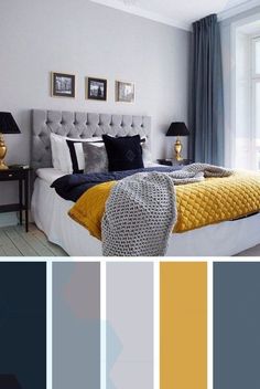 a bedroom with gray and yellow accents