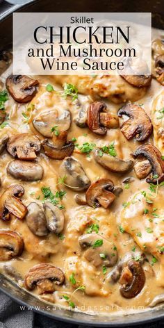 chicken and mushroom wine sauce in a skillet with the title overlay reads skillet chicken and mushroom wine sauce