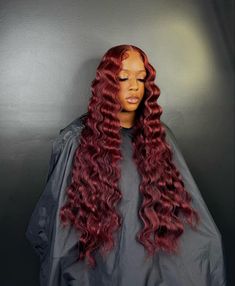 Red Hair Crimps, Pretty Wig Hairstyles, Red Crimped Wig, Middle Part With Crimps, Crimp Hair, Burgundy Deep Wave, Burgundy Lace Front Wig, Lace Fronts