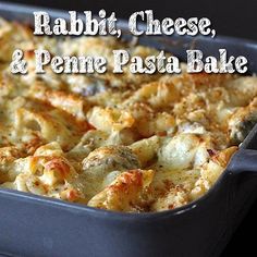 a casserole dish is shown with the words rabbit cheese and penne pasta bake