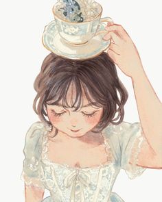 a drawing of a girl holding a teacup on her head with flowers in it