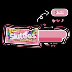 a pink sticker with the word skittles on it and an image of a candy